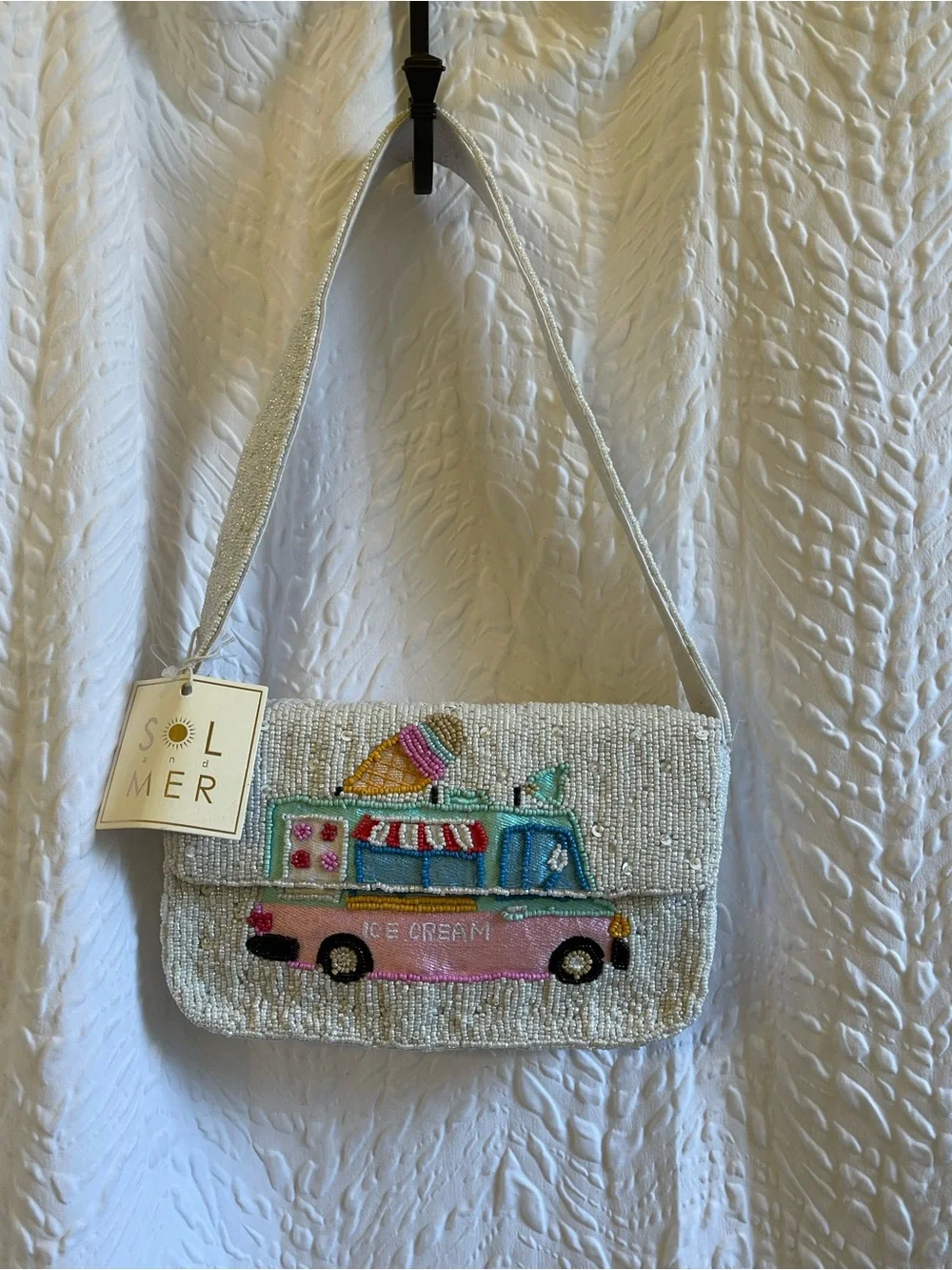 Sol & Mer White Beaded Ice Cream Truck Shoulder Bag - NWT **